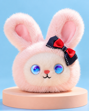 Styled photograph of the pink bunny AI plush pal with blue eyes and a red and navy bow.